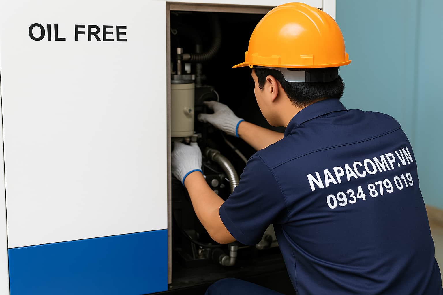 Kỹ thuật viên Napacomp kiểm tra hệ thống máy nén khí trục vít không dầu tại nhà máy của khách hàng.