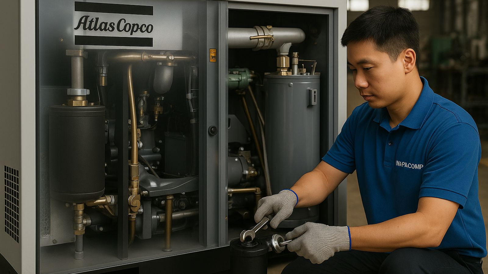 Kỹ thuật viên Napacomp đang thay phụ tùng chính hãng Atlas Copco để đảm bảo hiệu suất tối đa
