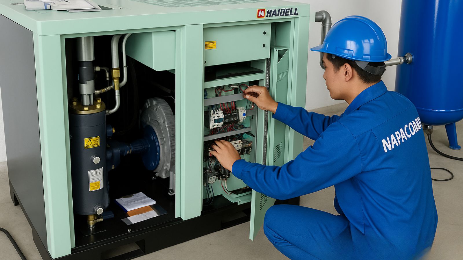 Máy nén khí trục vít Hanbell đang được kiểm tra tại kho Napacomp.