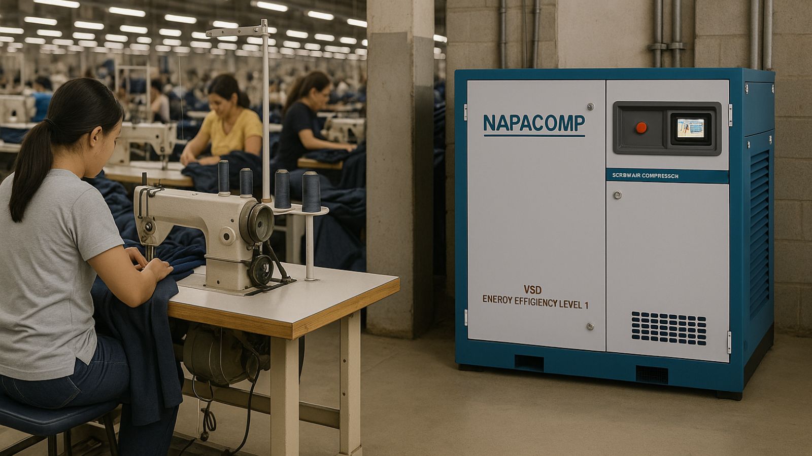 Máy nén khí Napacomp hoạt động trong nhà máy may mặc tại Củ Chi