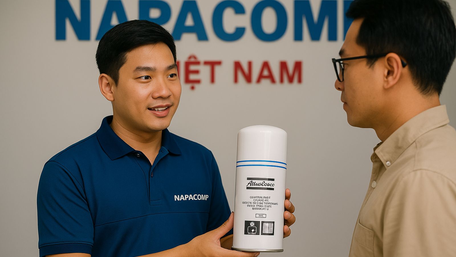Kỹ thuật viên tư vấn chọn phụ tùng Atlas Copco chính hãng tại Napacomp Việt Nam.